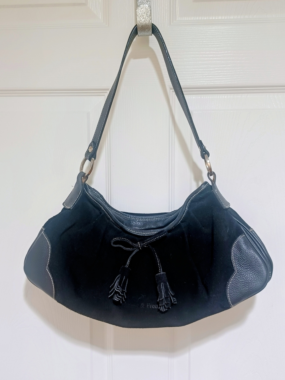Tiffany & Fred Paris Classic Black Suede Shoulder Hobo with Tassel Detail